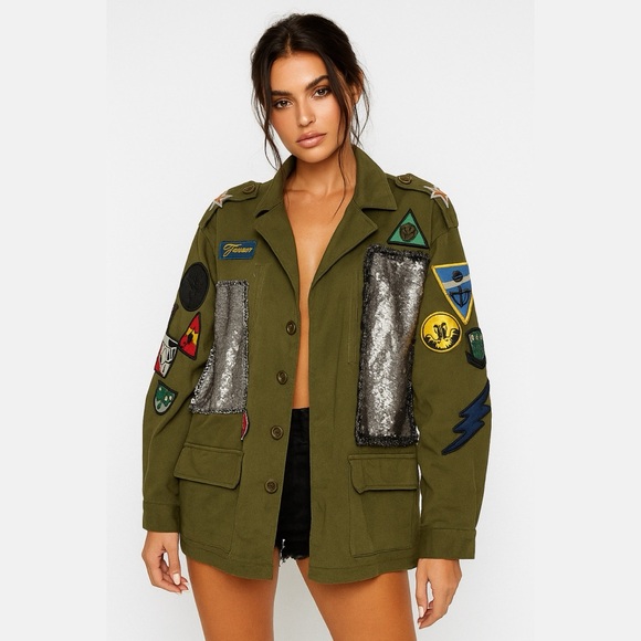 EN HUI Jackets & Blazers - Rock N’ Karma Cool Edgy Streetwear Olive Army Jacket with Patchwork